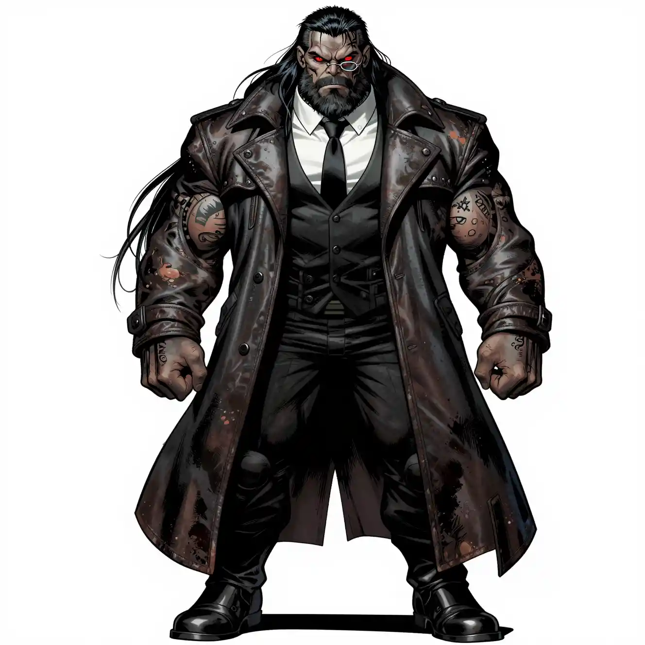 Intense alien gangster in suit and leather trench coat