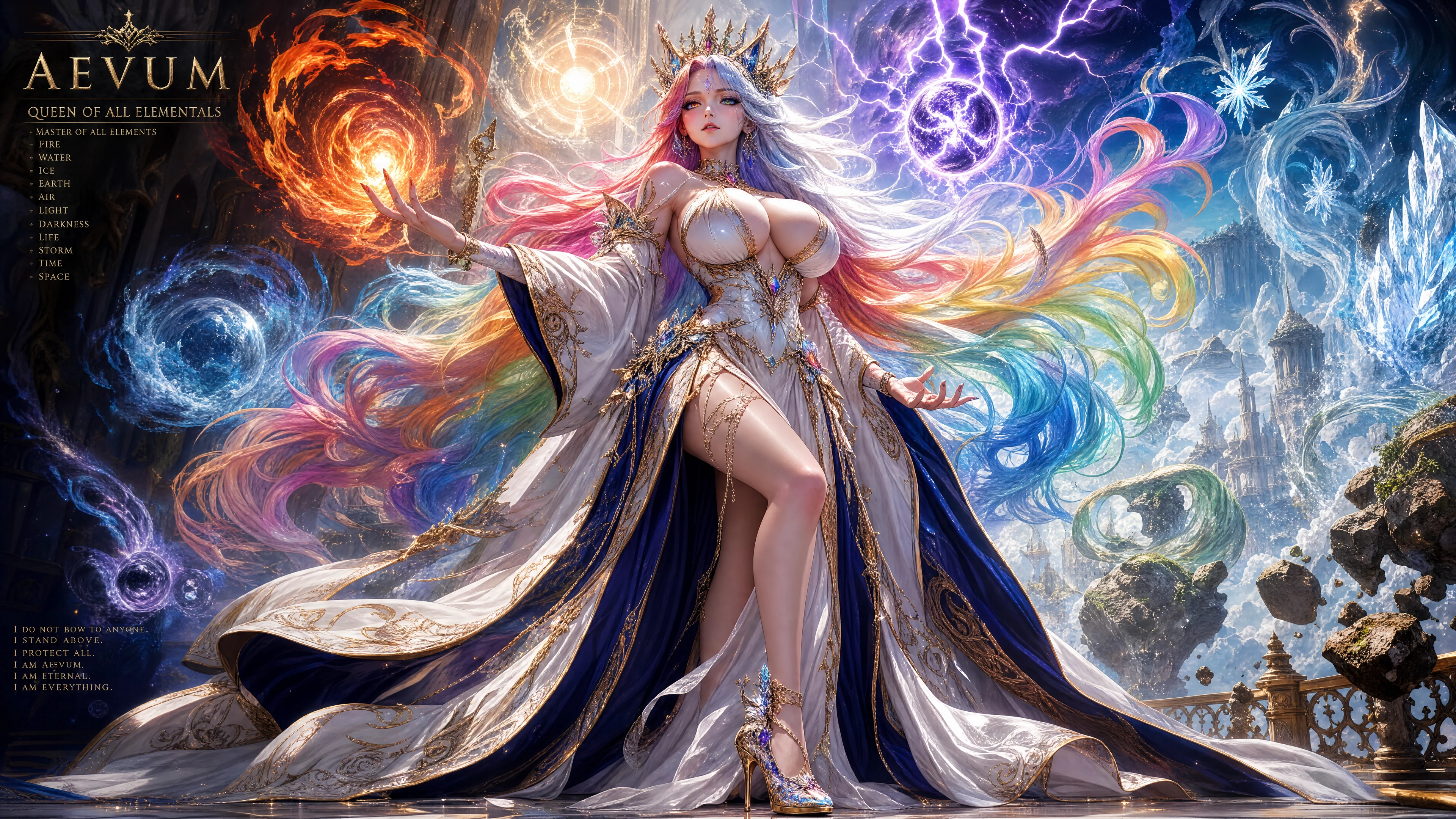 Elemental queen with rainbow hair and royal gown