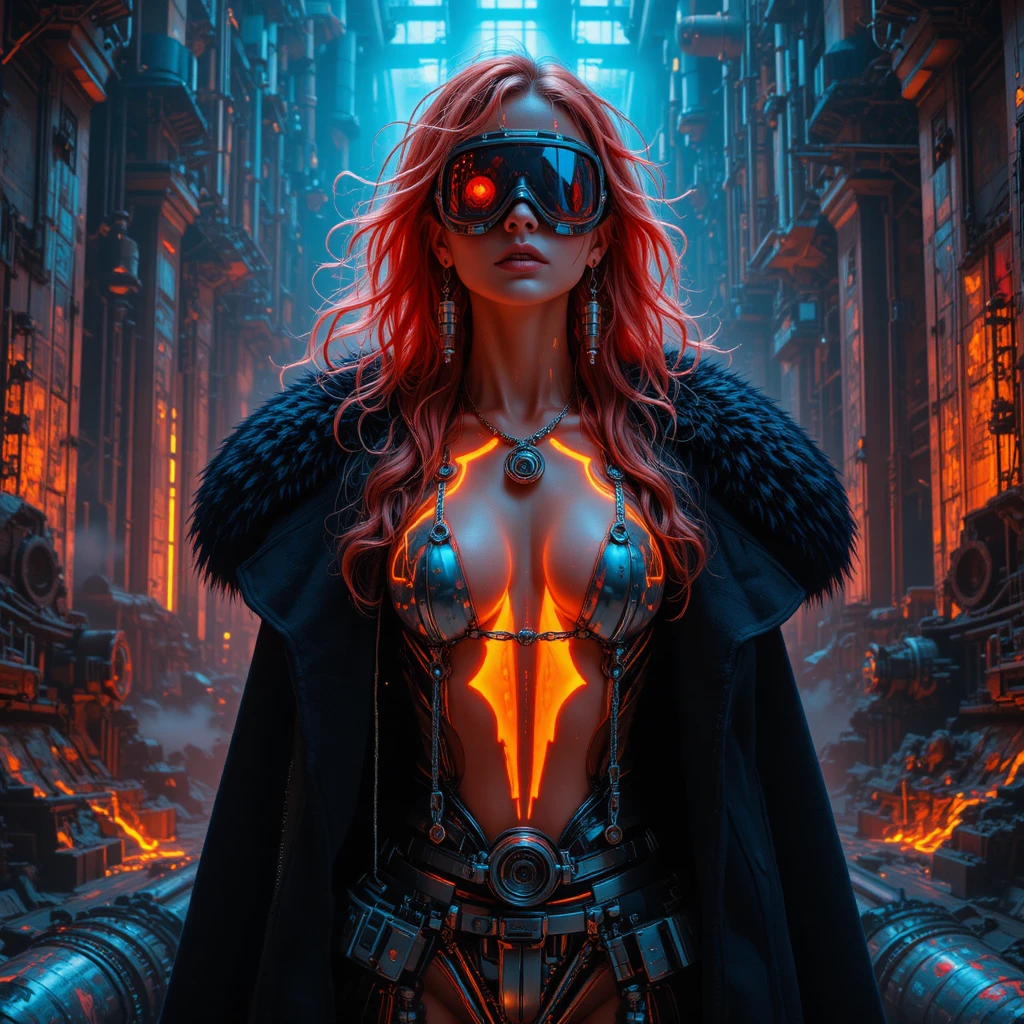 Cyberpunk femme fatale in volcanic reactor cathedral interior