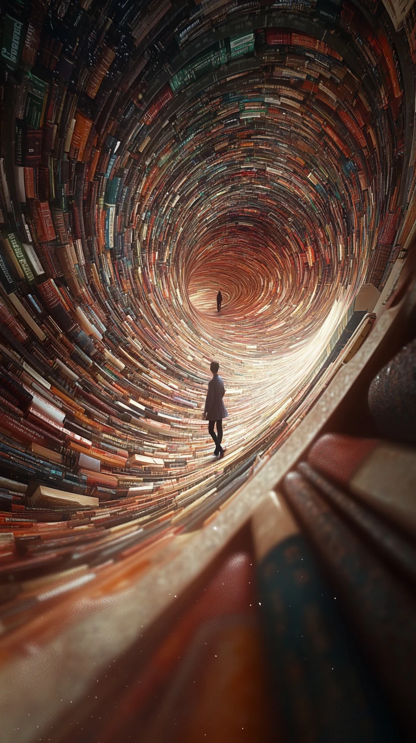 Surreal pathway of books winding through a dark void