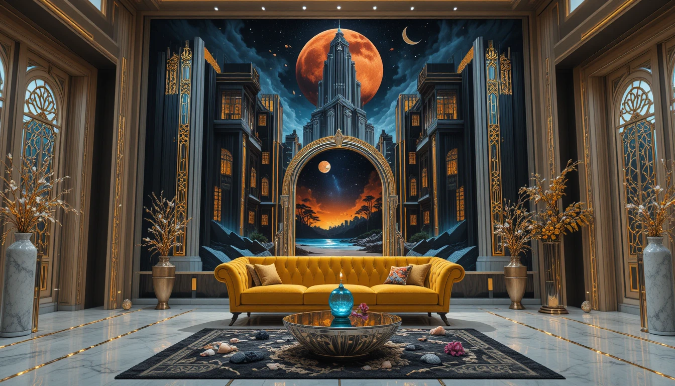 Futuristisches Luxus-Wohnzimmer mit barocker Couch und Kosmos