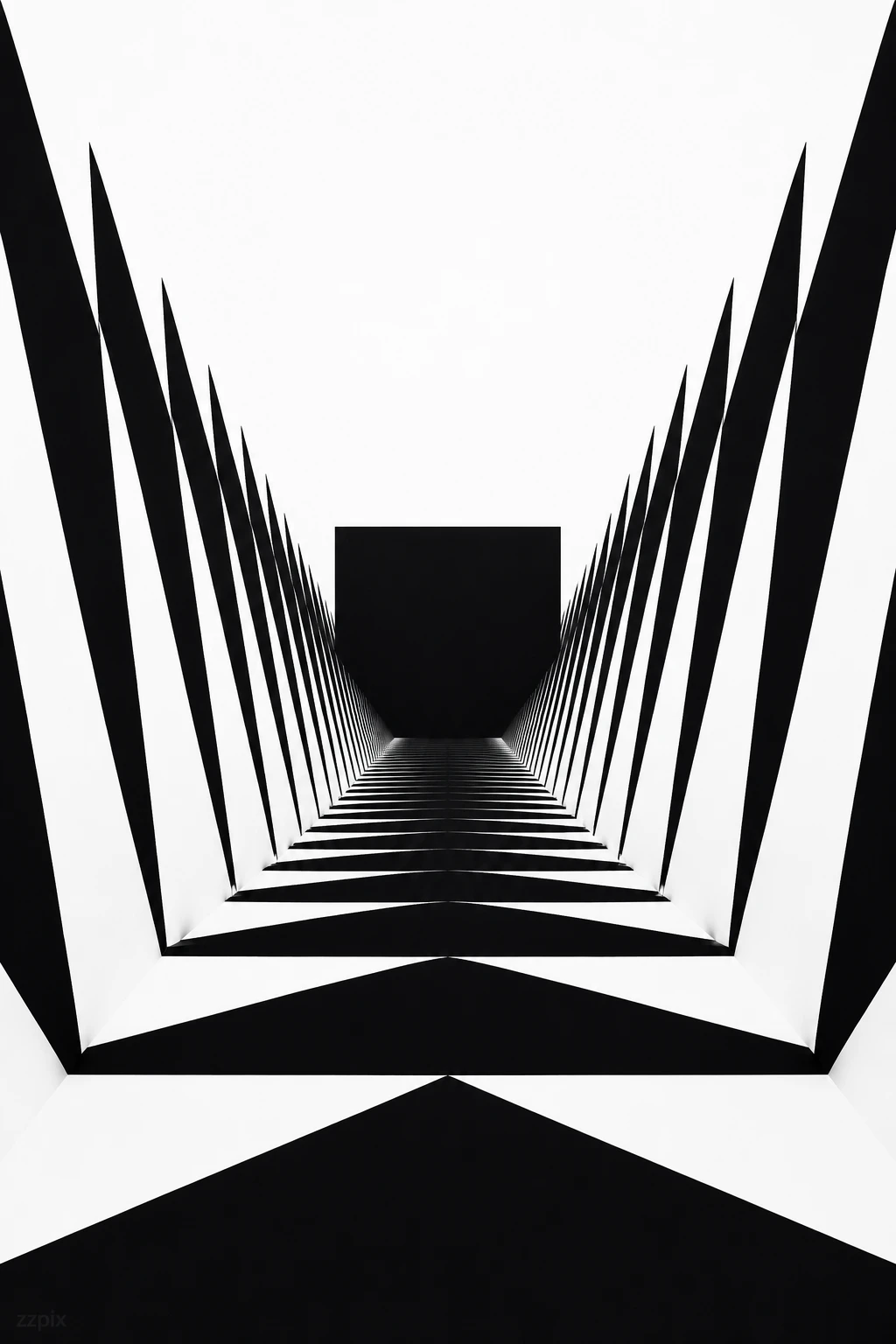 Abstract geometric tunnel of black triangles and void