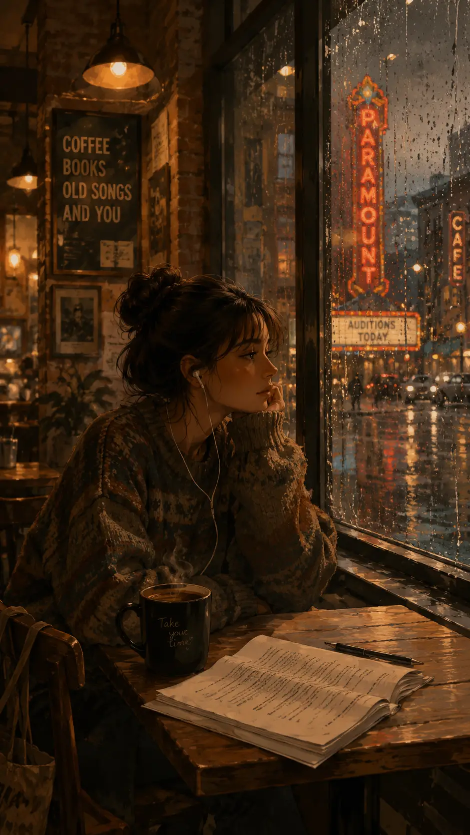 Young woman in a rainy day cafe with script pages