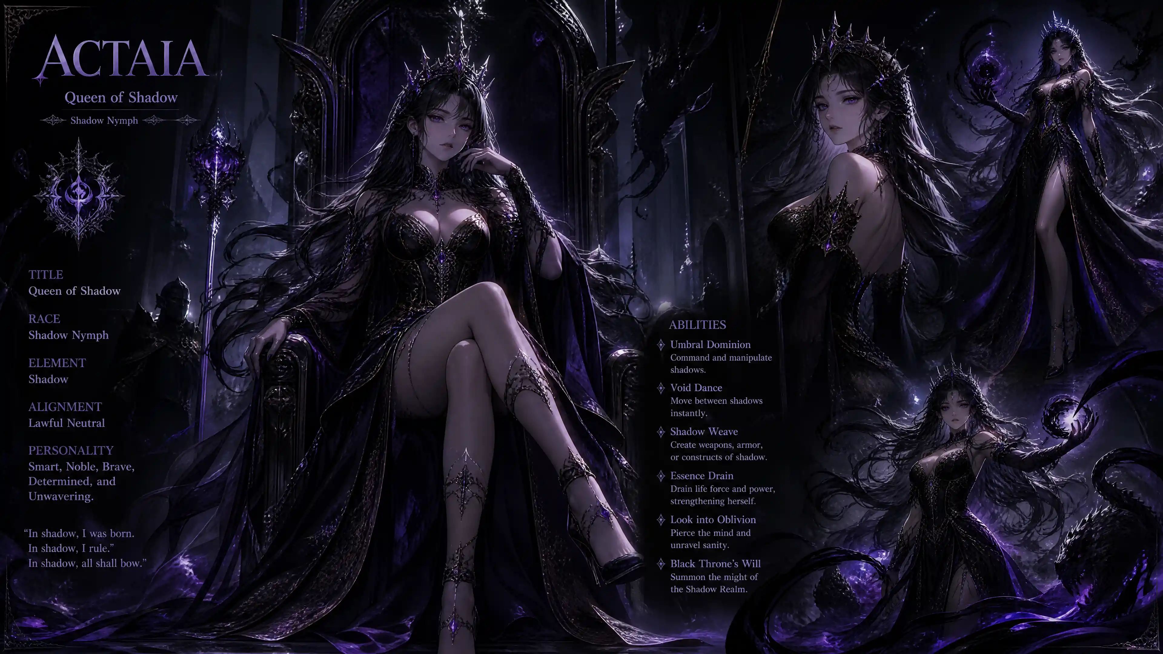 Shadow queen nymph with long dark hair and purple eyes