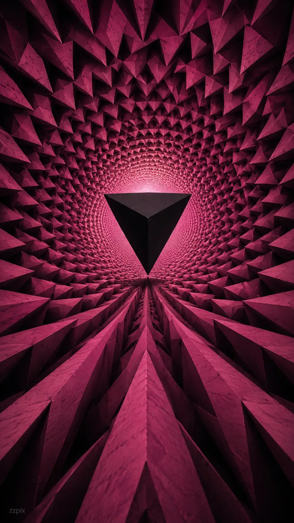 Pink geometric vortex spiraling into a central black void