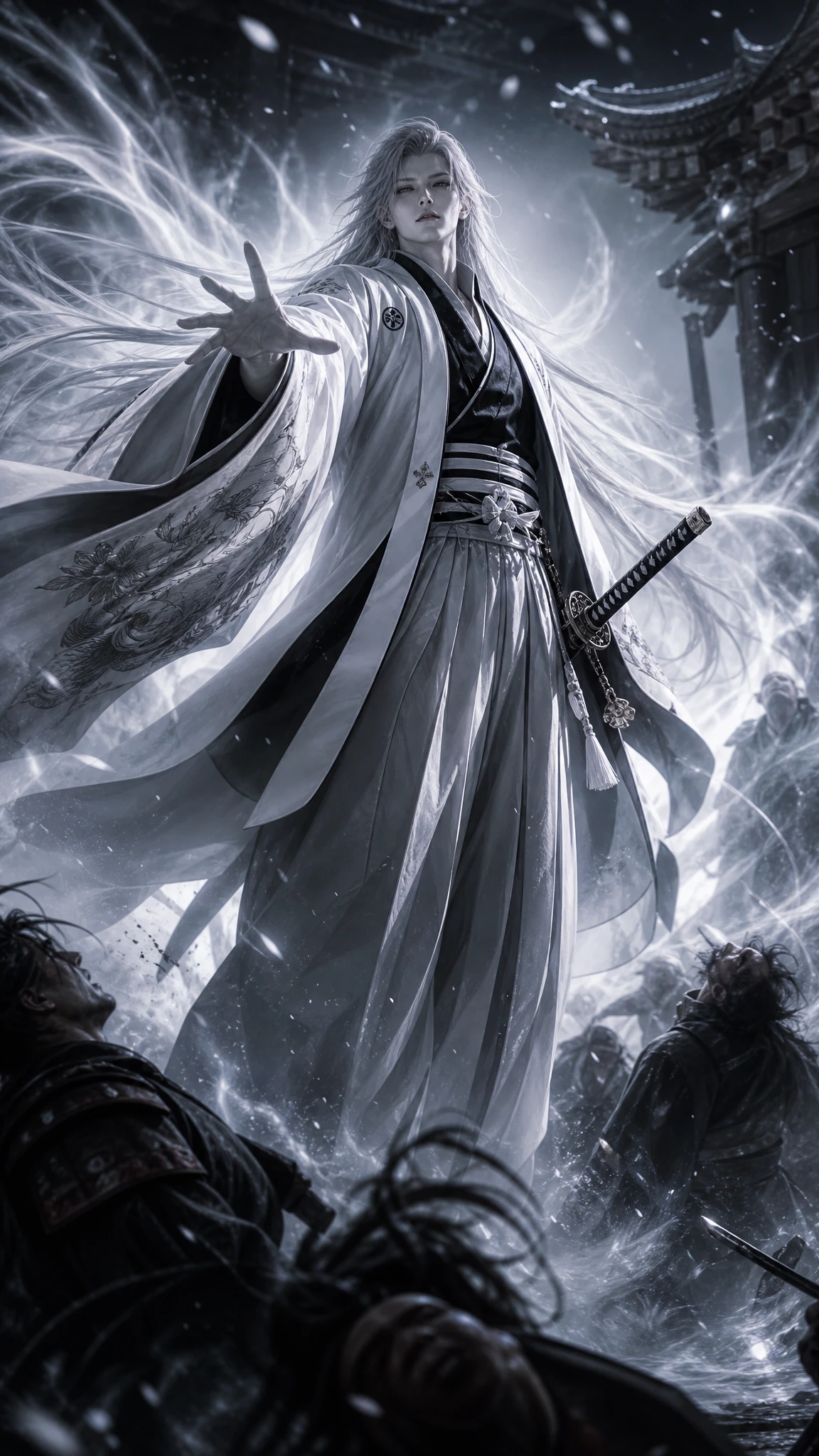 Androgynous warrior unleashing spiritual energy in flowing haori