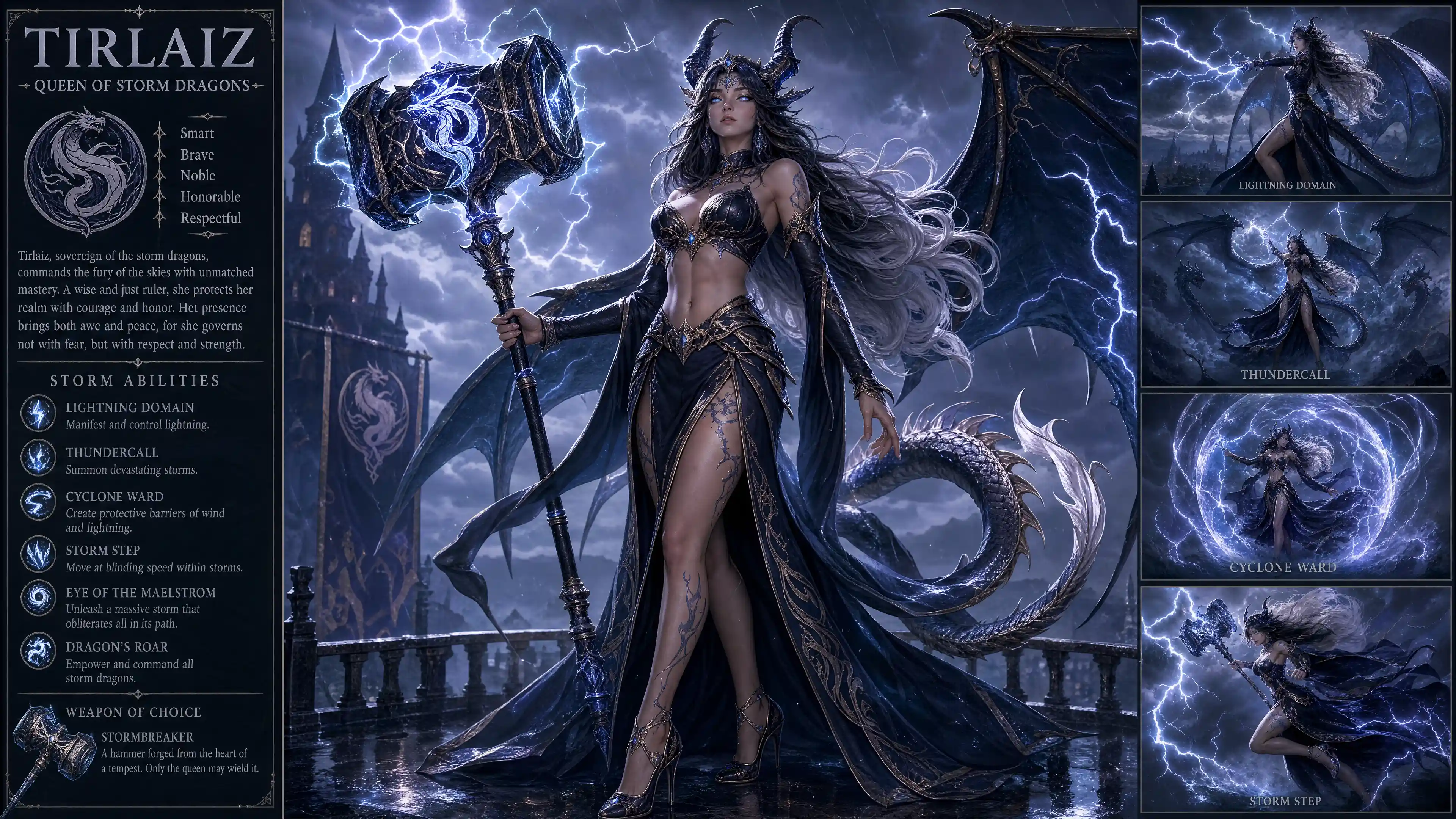 Storm dragon queen with horns wings tail and war hammer