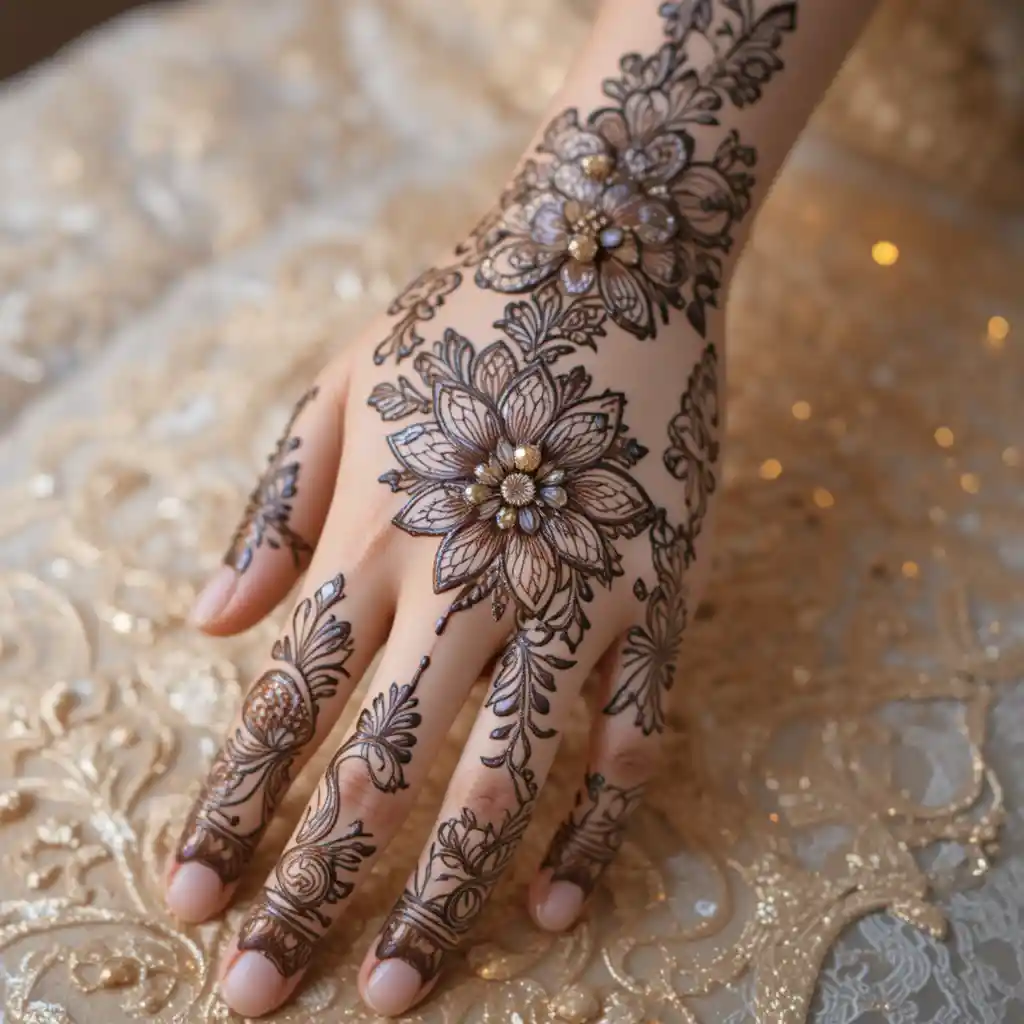 Close up bridal mehndi being applied on elegant hands