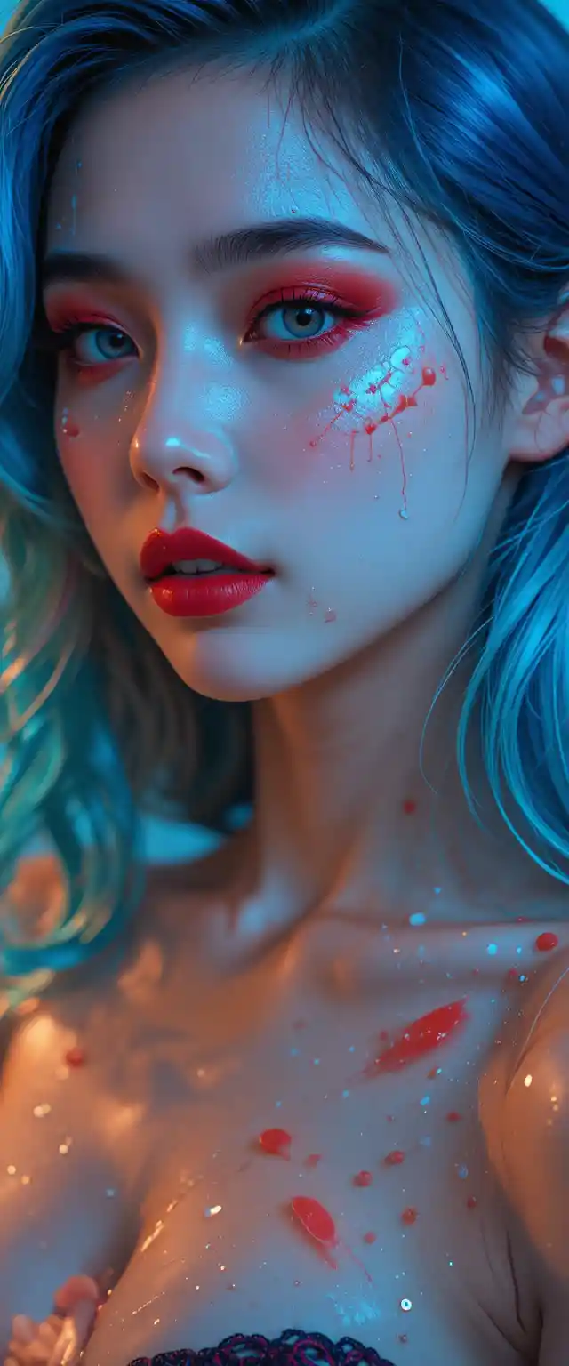 Close up portrait of a chinese girl with neon blue hair