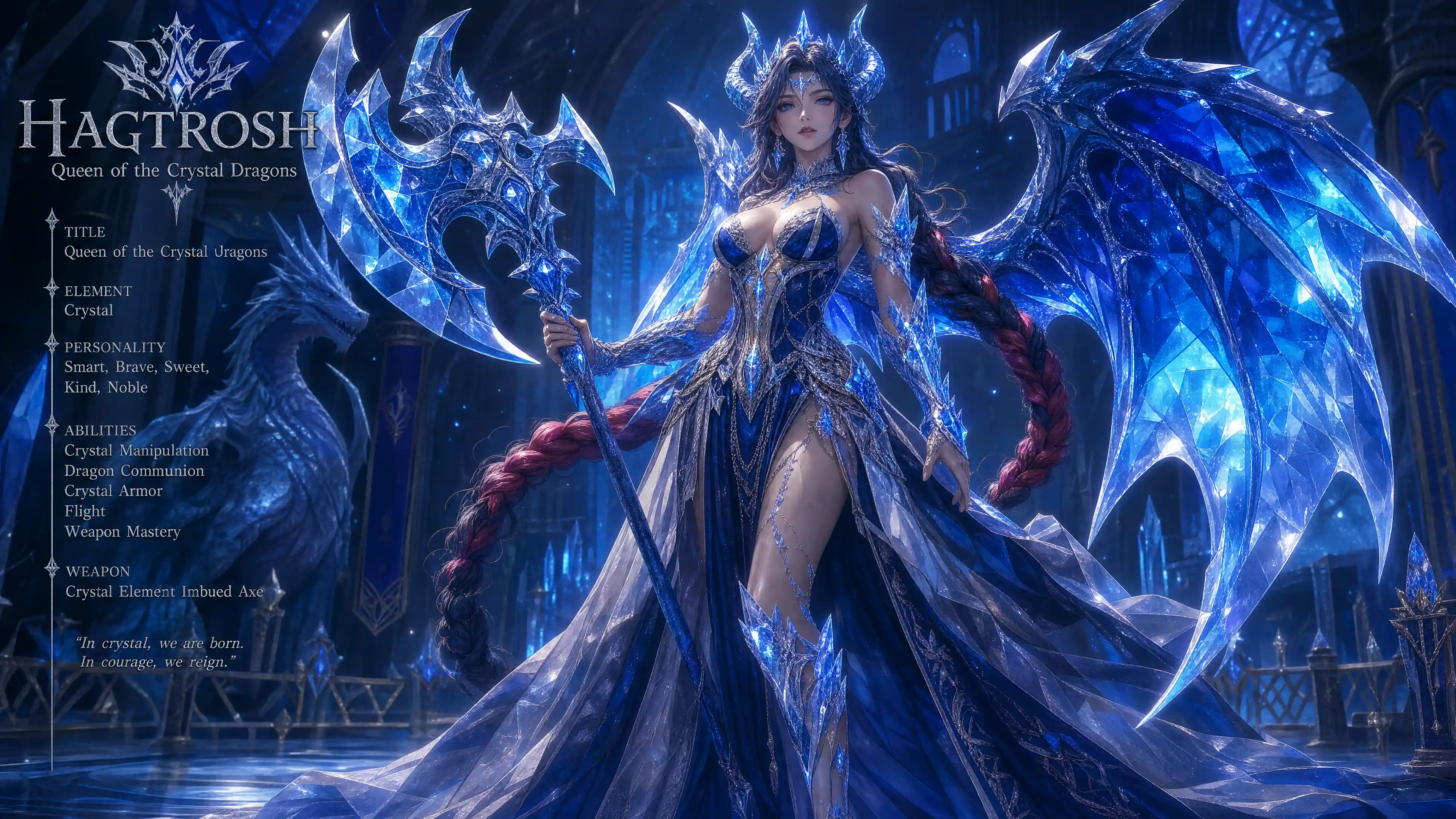Crystal dragon queen with blue wings and royal armor