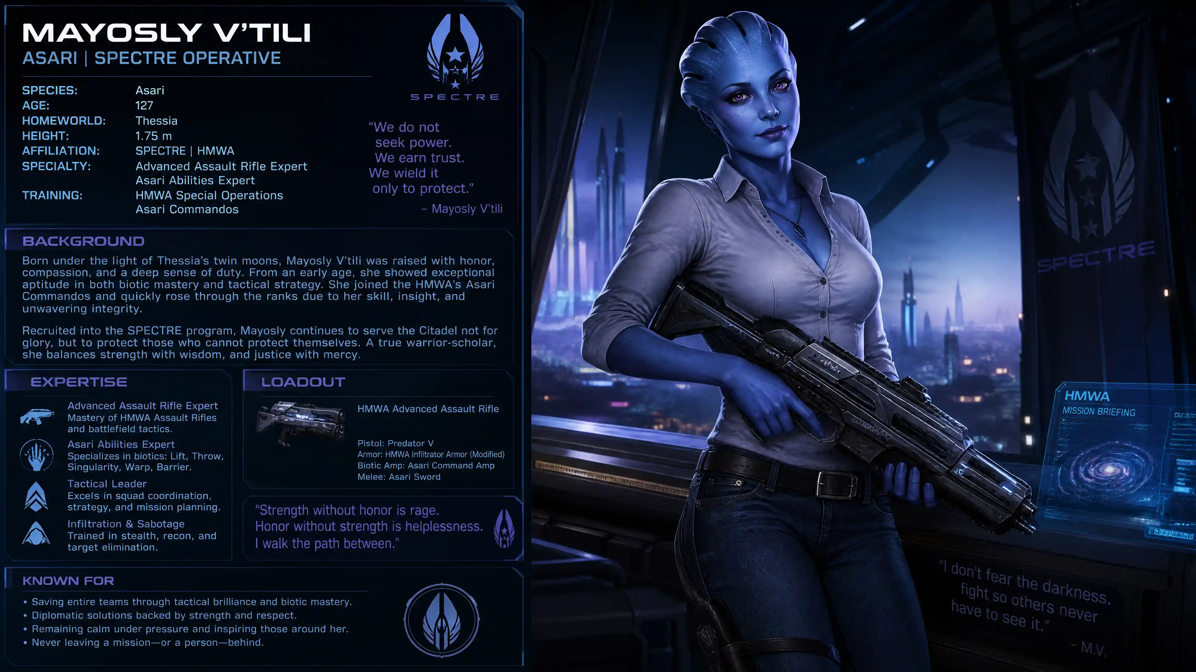 Blue asari woman in casual clothes with sci fi rifle