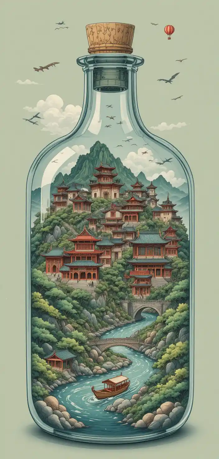 Asian miniature city with pagodas inside a glass bottle