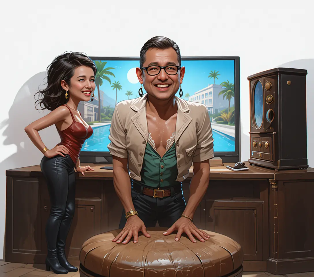 Couple examining gold bars on console in tv studio