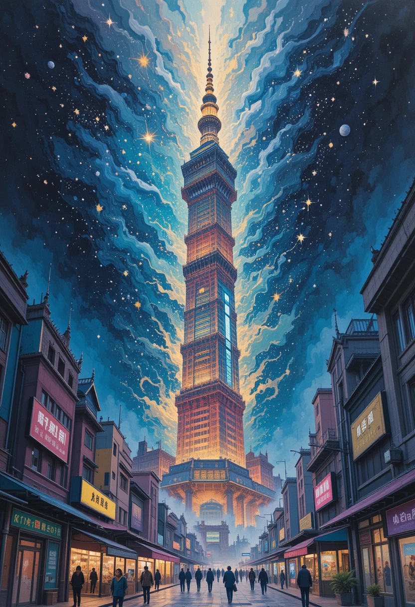 Taipei skyscraper rising into a pastel cosmic night sky