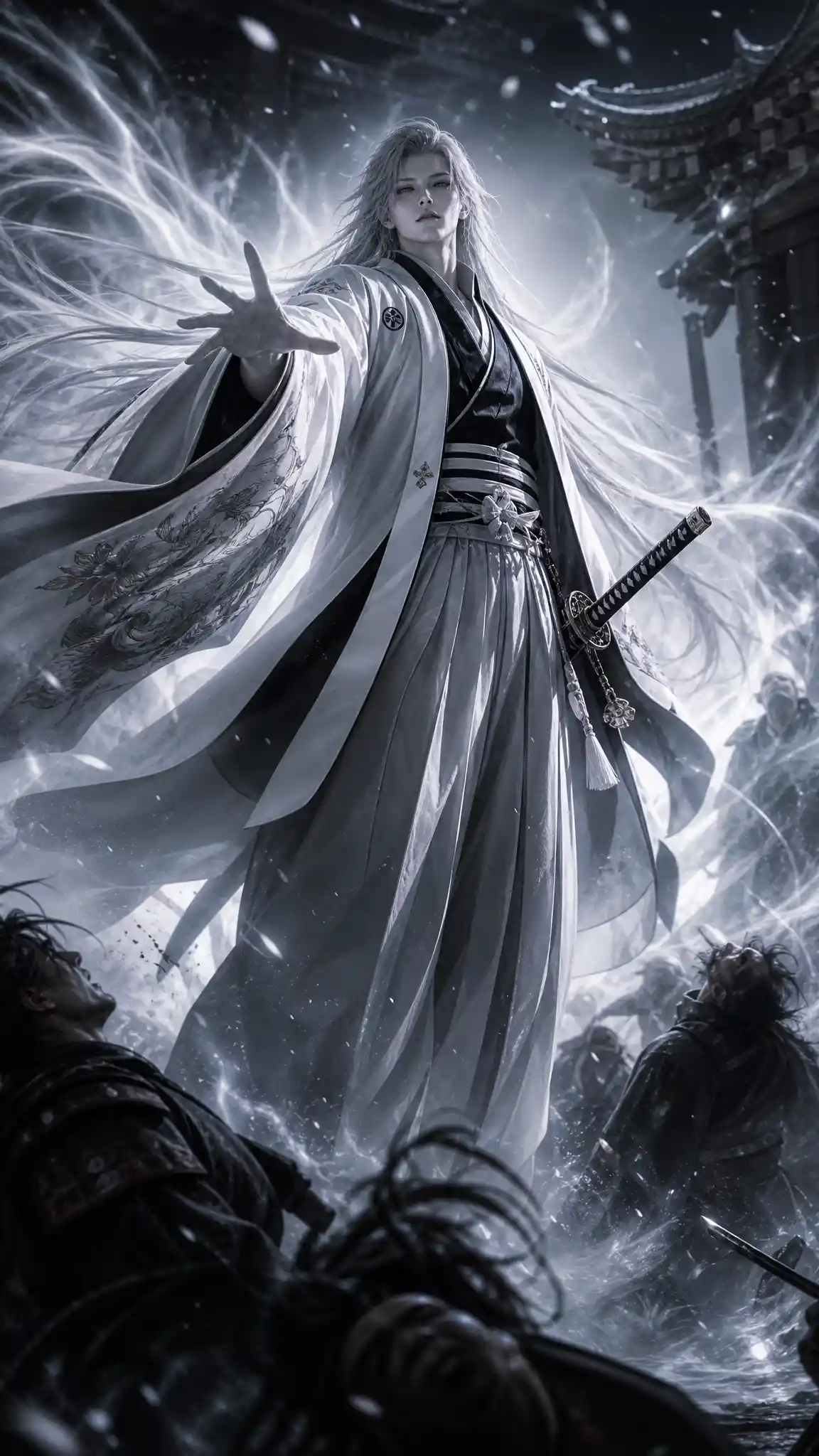 Androgynous warrior unleashing spiritual energy in flowing haori