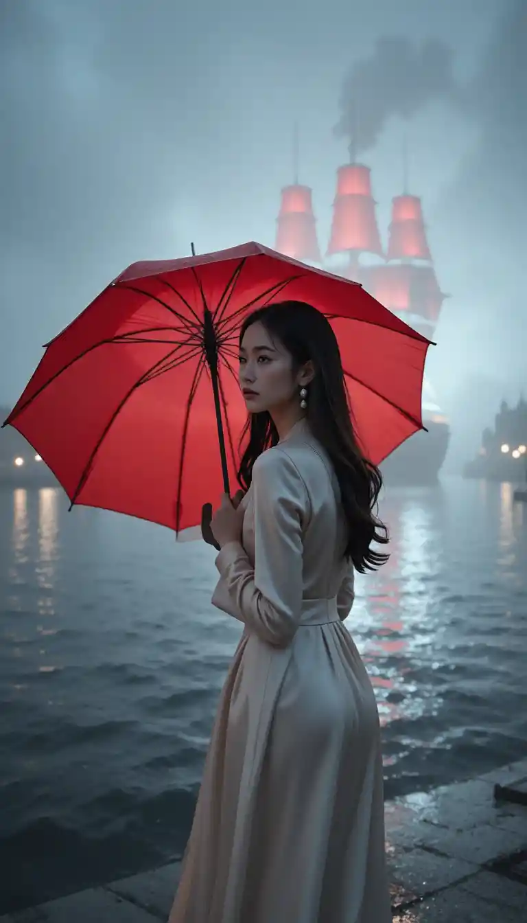 Woman with scarlet umbrella on foggy riverside night