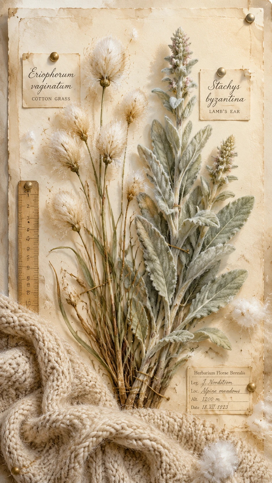 Erbario vintage ad acquerello con erba cotonosa e foglia d’agnello