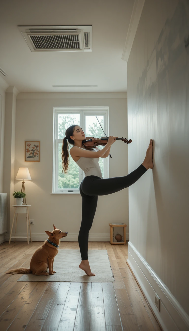 Woman playing violin in headstand with dog on hips