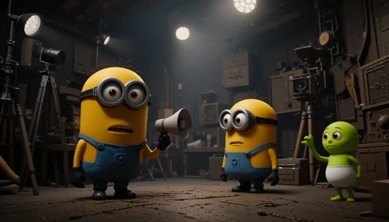 Close up of animated characters on a dark film set