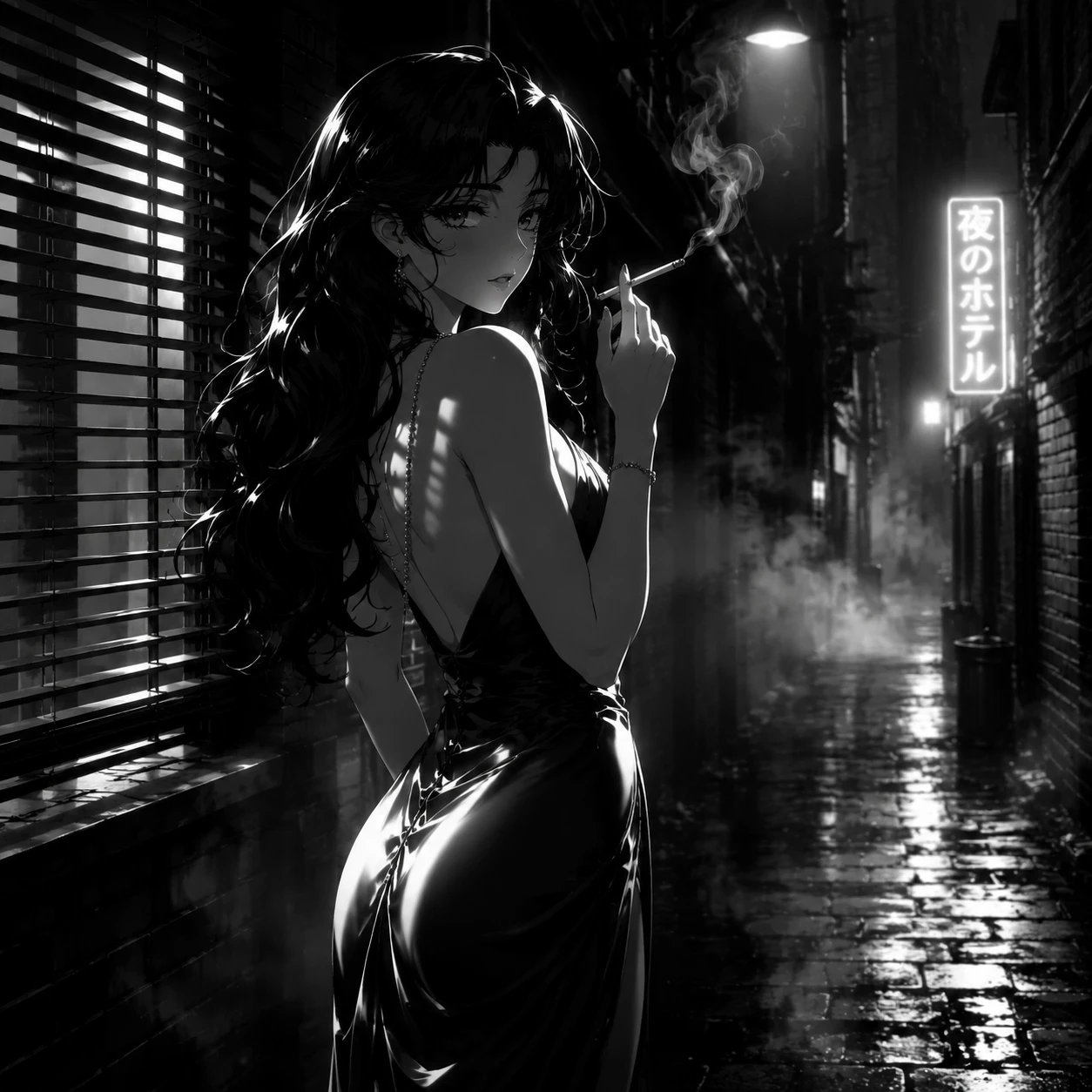 Mujer anime noir de pie en un callejón lluvioso de la ciudad