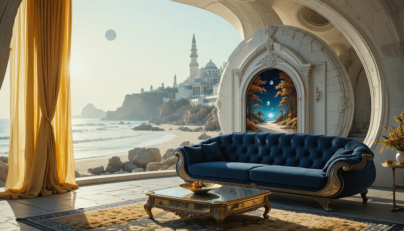Luxurious living room overlooking a futuristic moonlit city