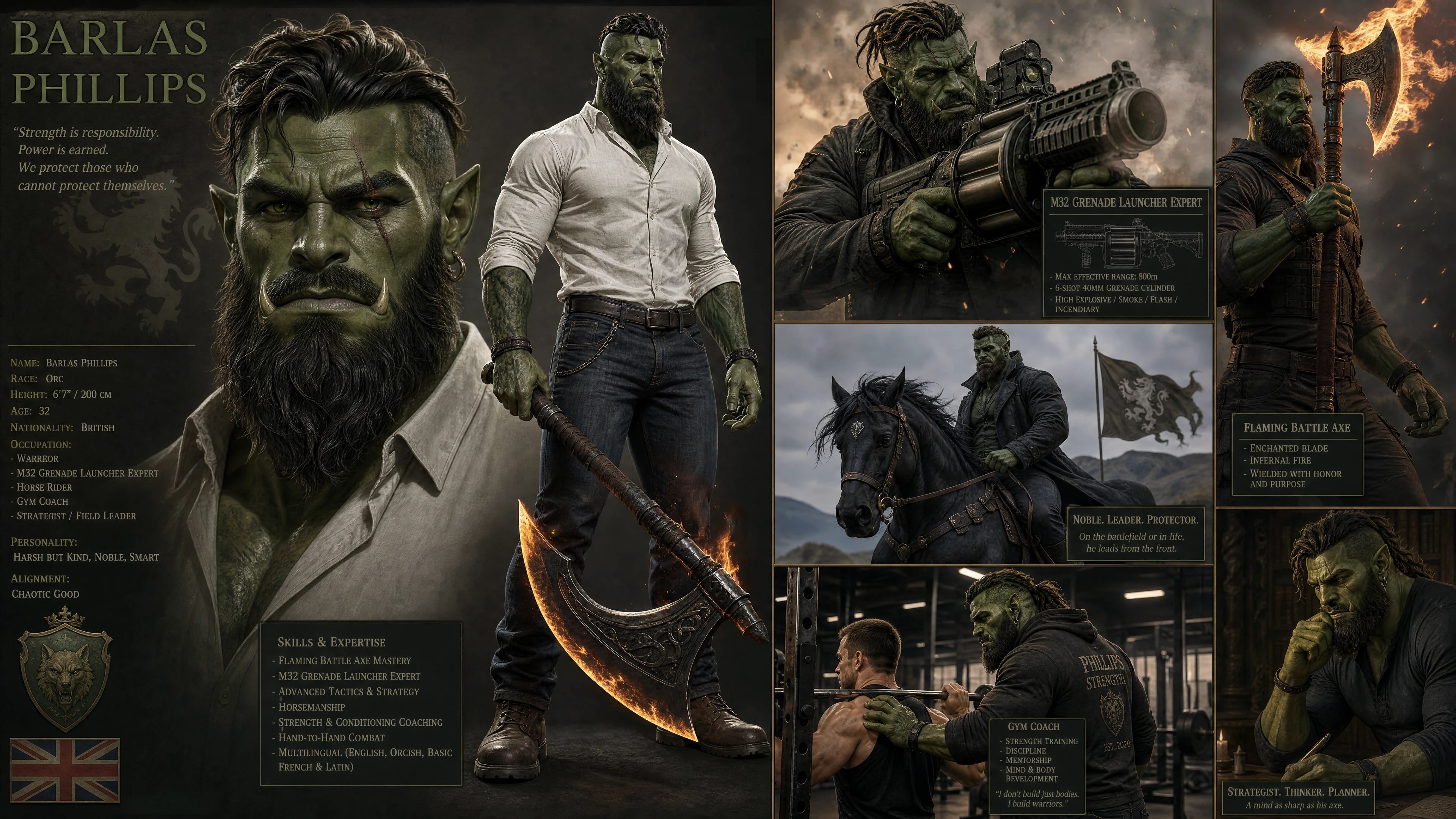 Tall green orc warrior with beard and flaming battle axe