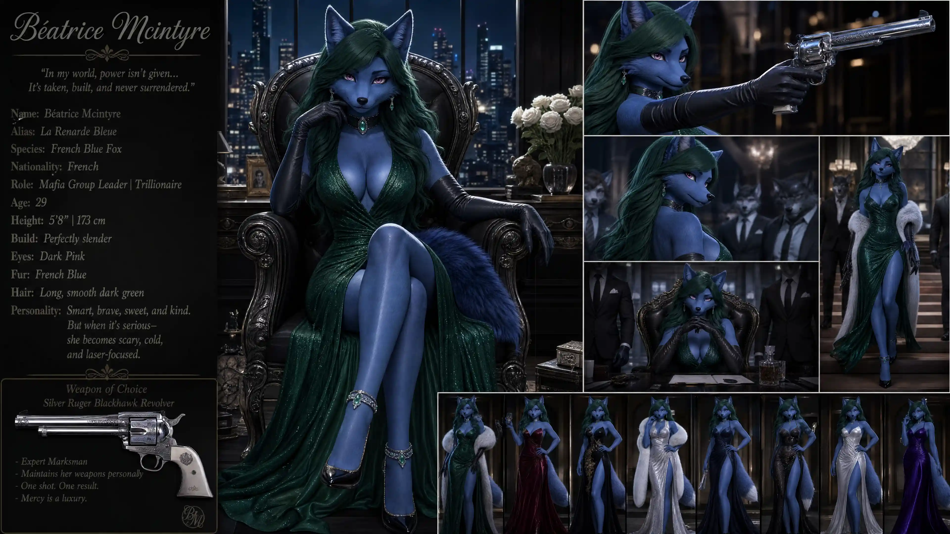 Elegant fantasy fox woman in emerald mafia couture