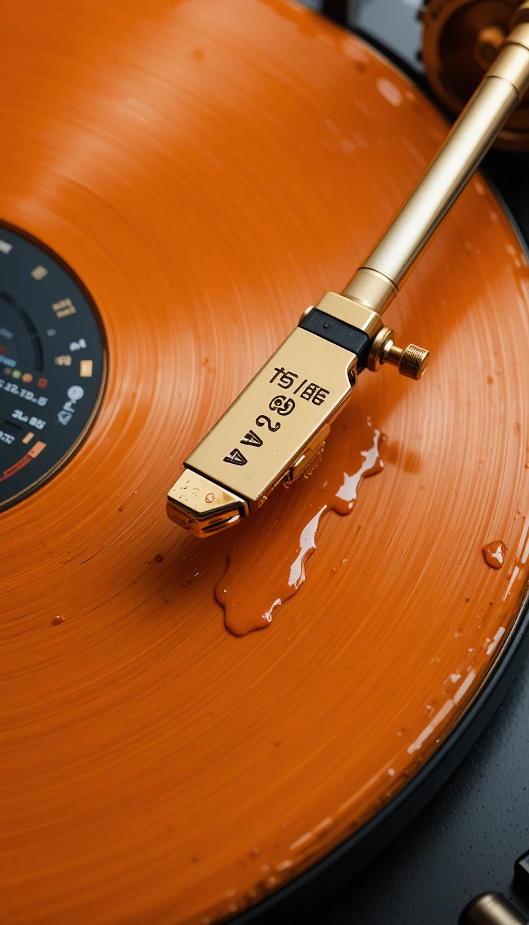 Top down view of stylus on melting orange vinyl record