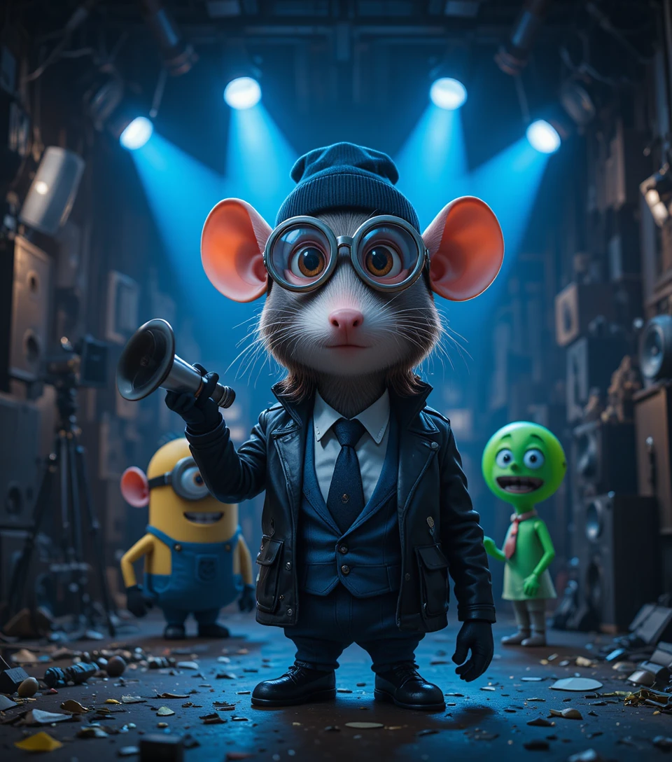 Cartoon characters on a dim film set with vintage equipment