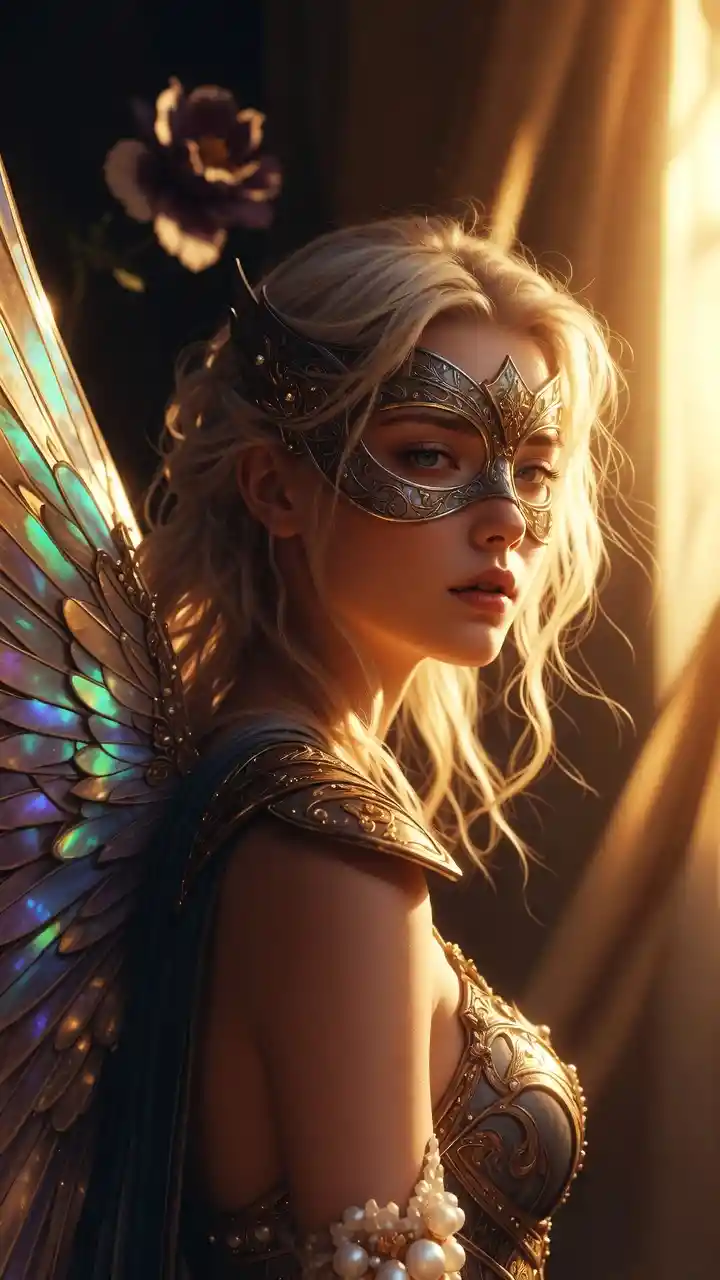Blonde valkyrie warrior in golden armor and mask