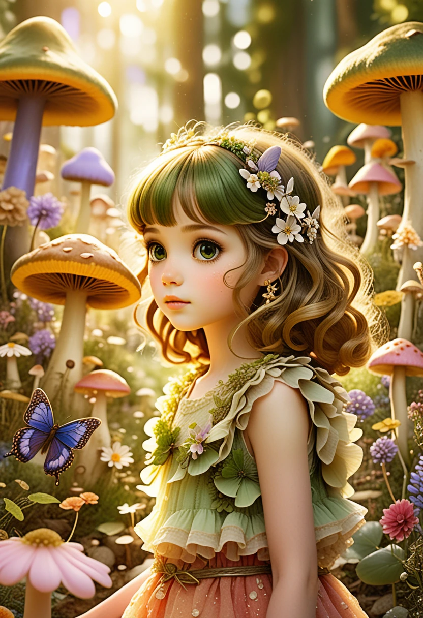 Curious girl exploring a magical forest of glowing mushrooms