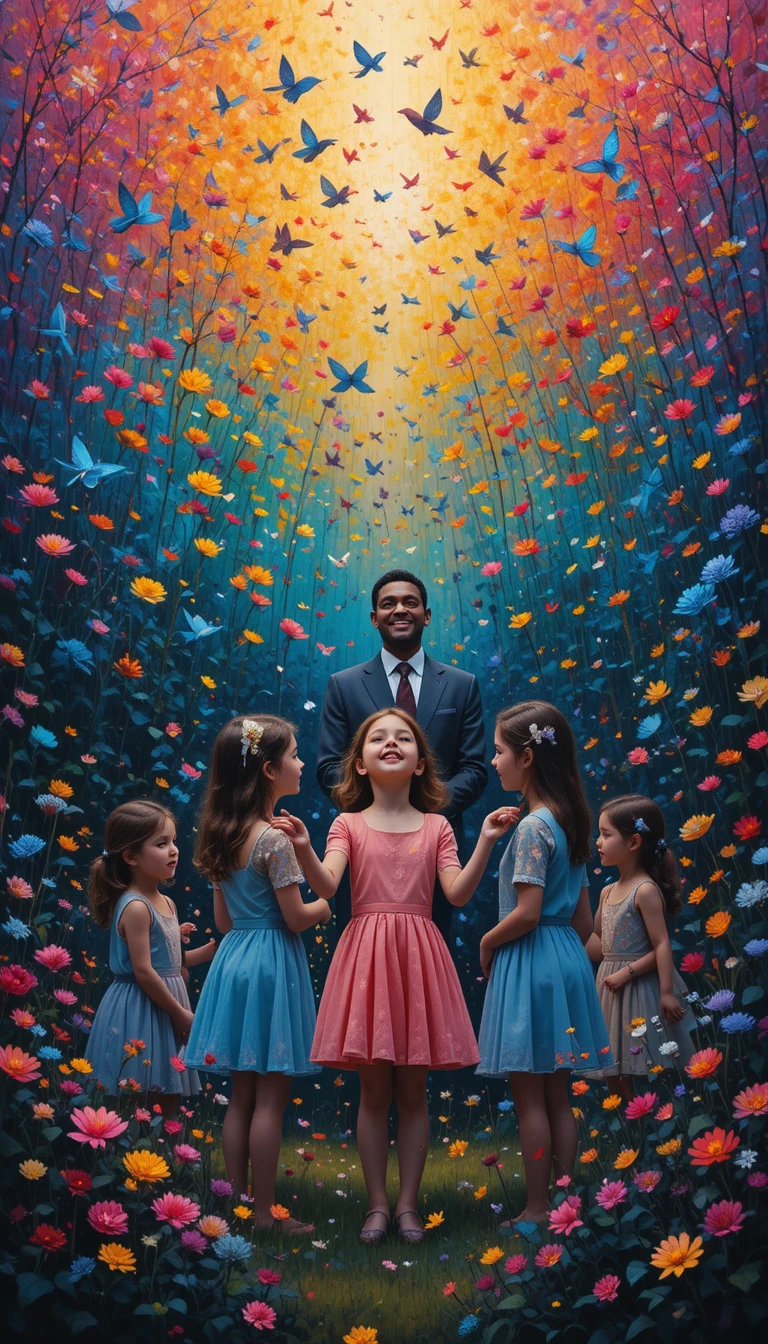 Children watching colorful butterflies rise from a flower field