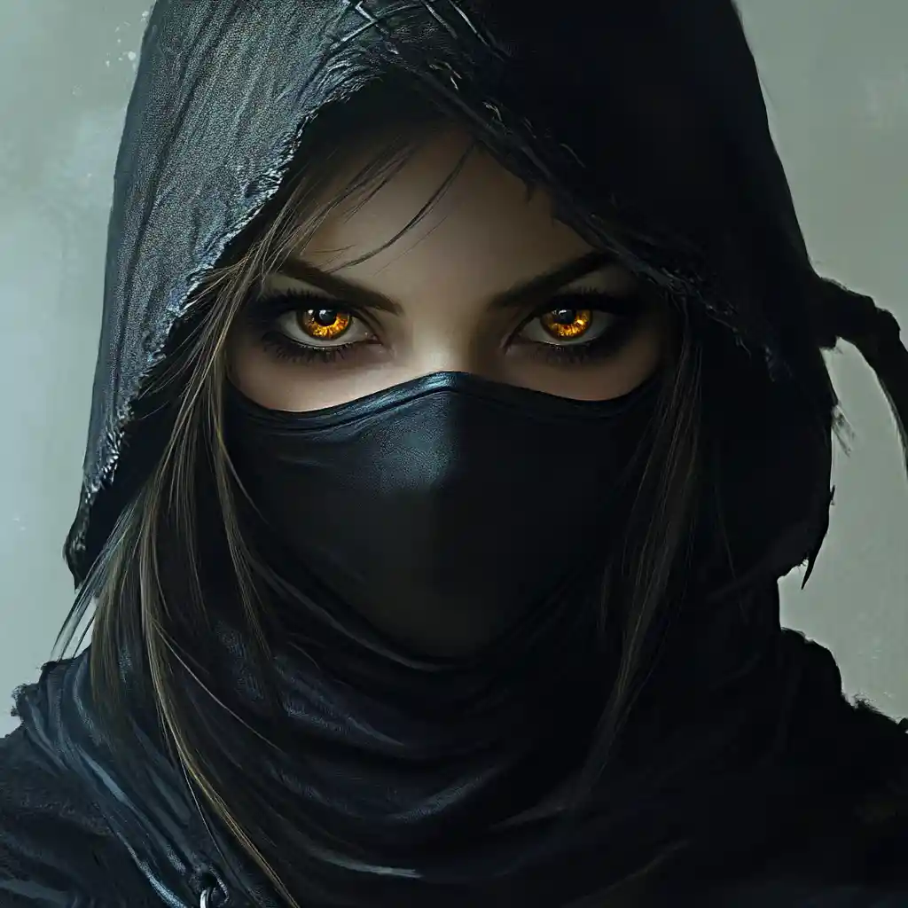 Masked fantasy rogue woman with hood and poison dagger