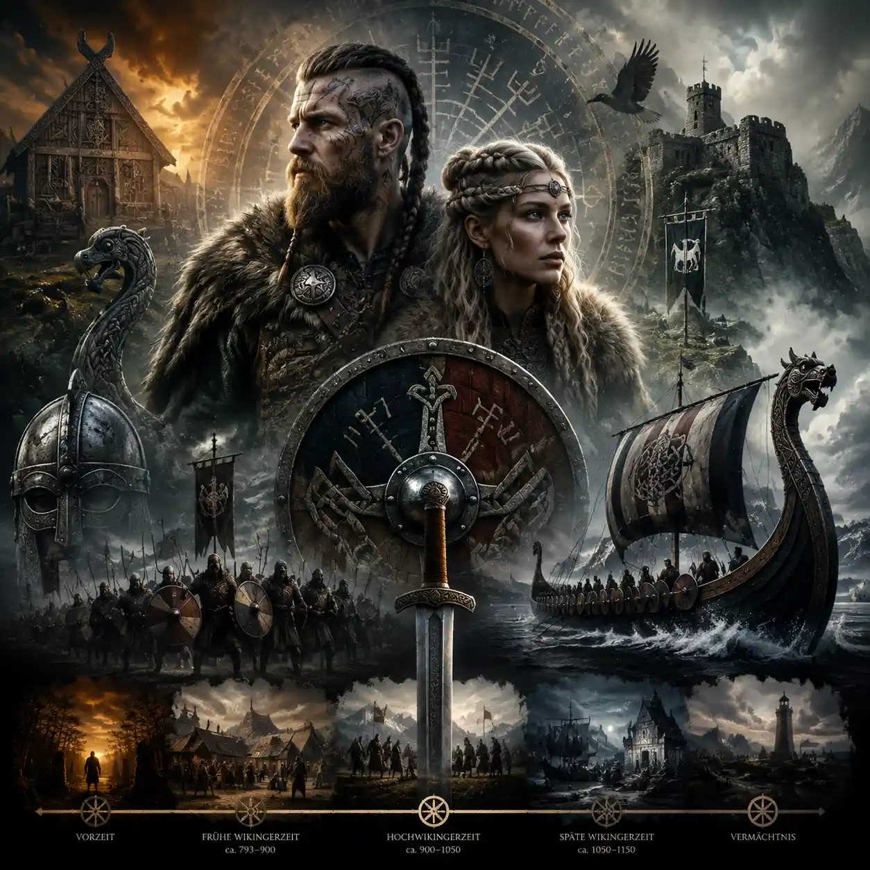 Collage digital de guerreros vikingos con escudo, espada y barco