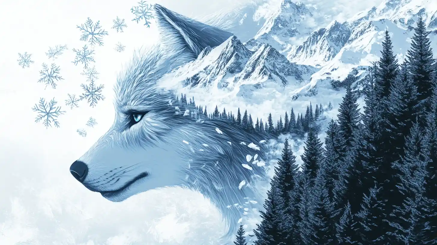 Surreal Wolf And Woman Formed From Snow And Mountains