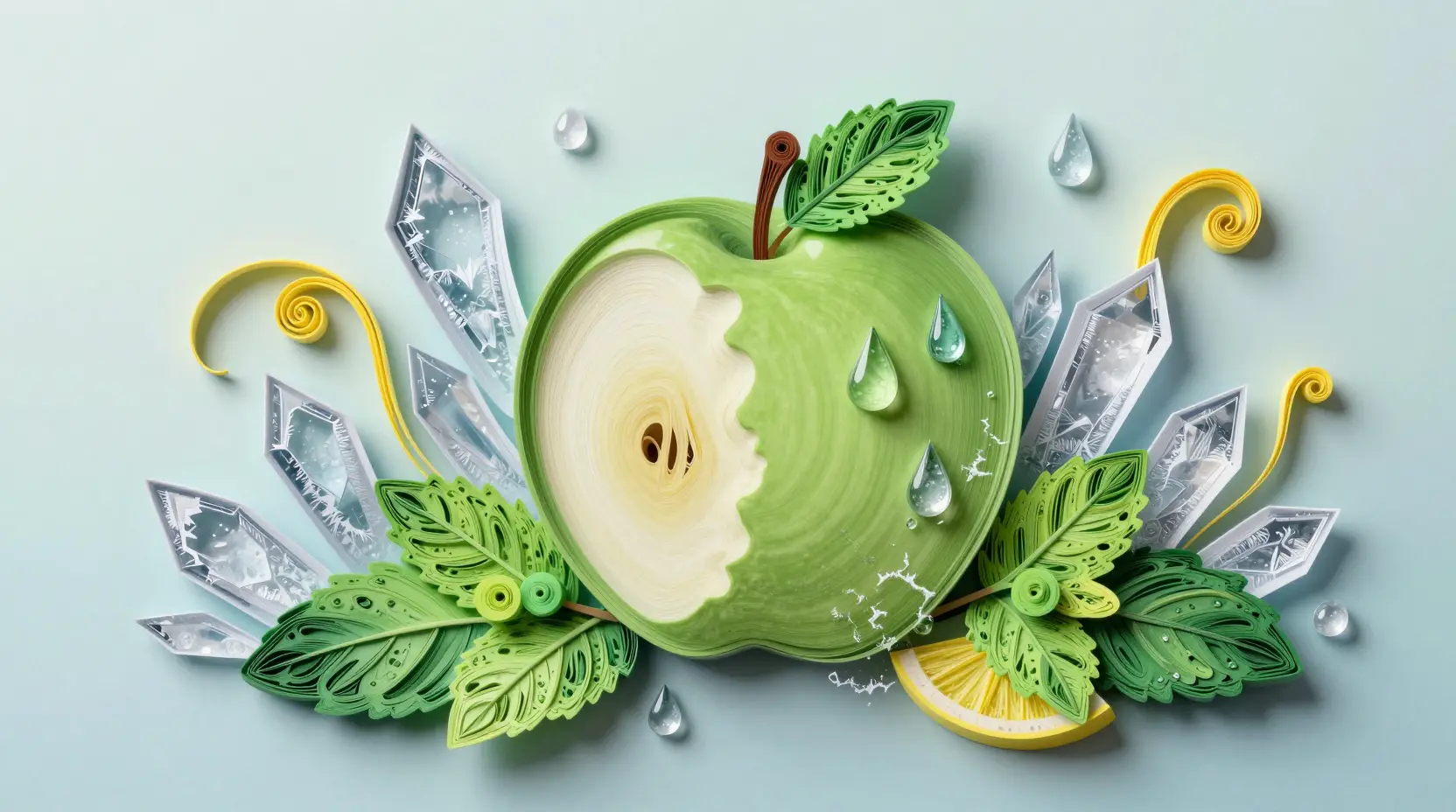 Mela di quilling in carta con foglie di menta e schegge di ghiaccio