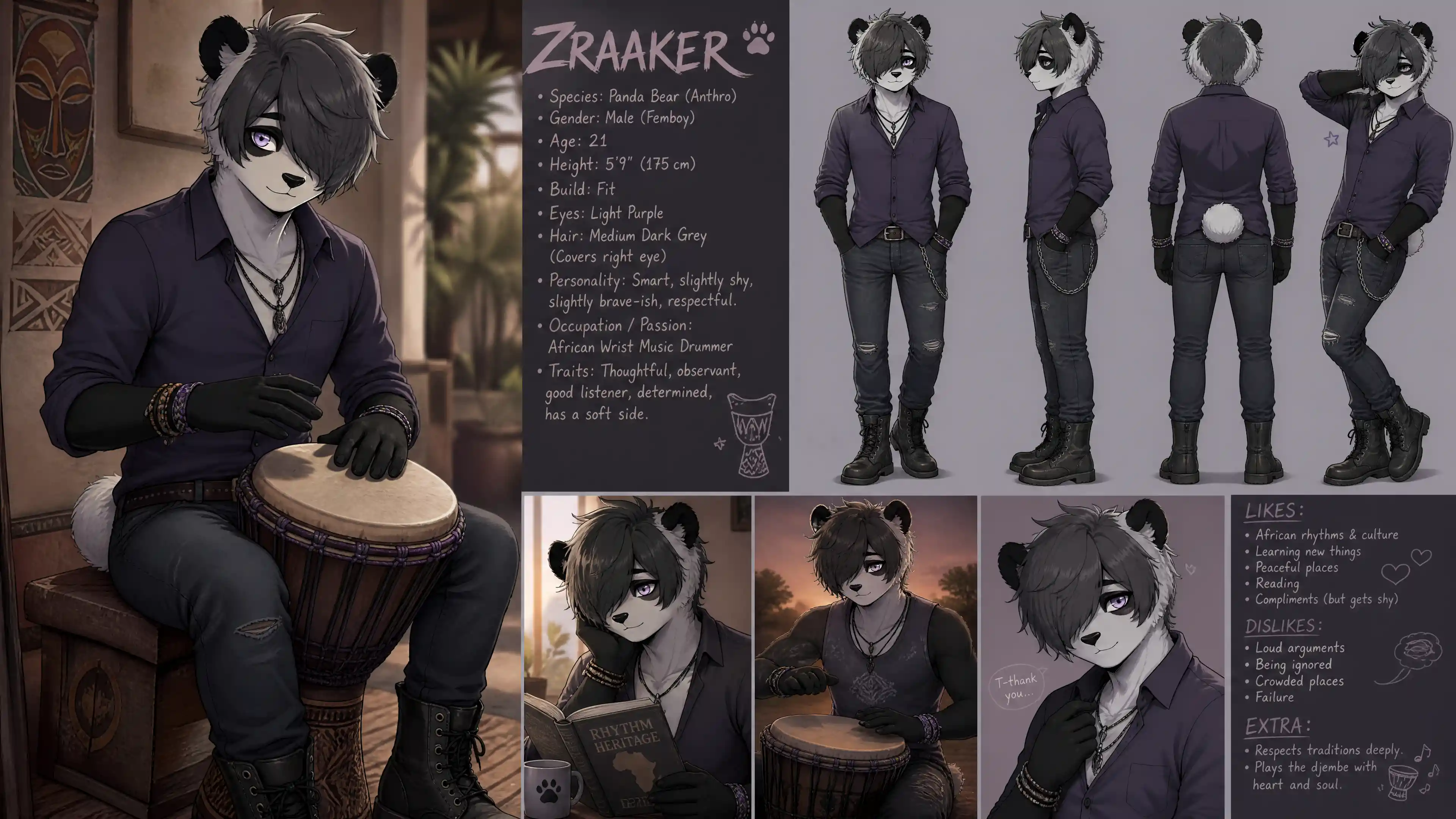 Anthro panda femboy drummer in casual shirt and jeans