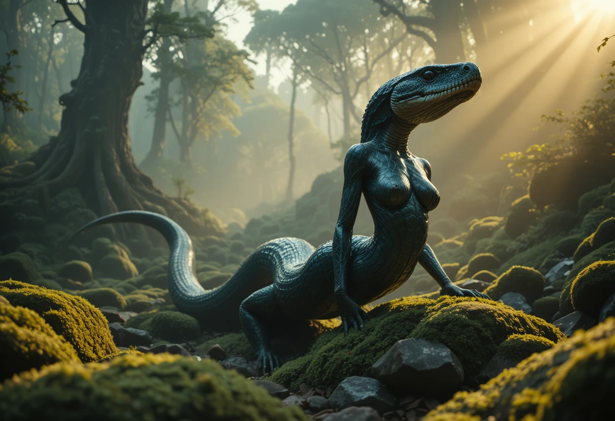 Mythical serpent woman gliding across the rainforest floor