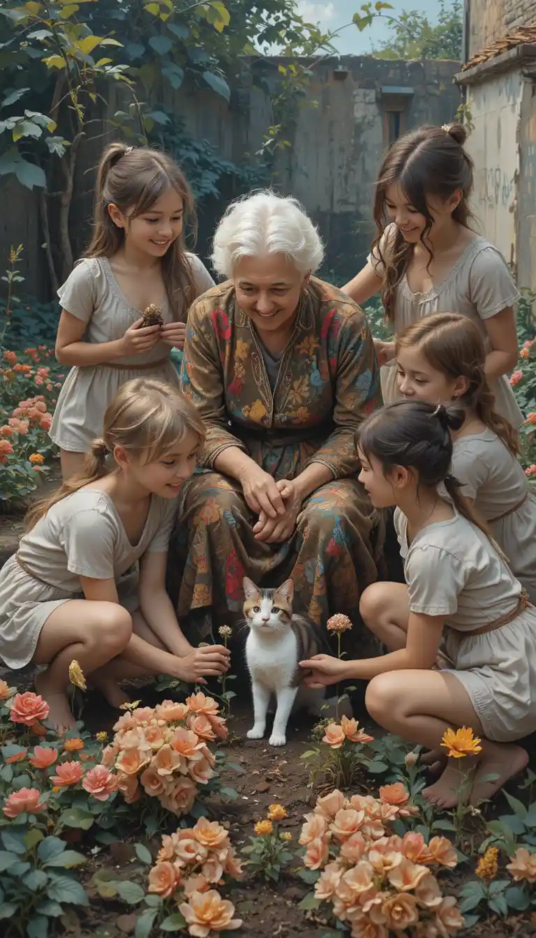 Children helping an elderly woman plant flowers in a garden