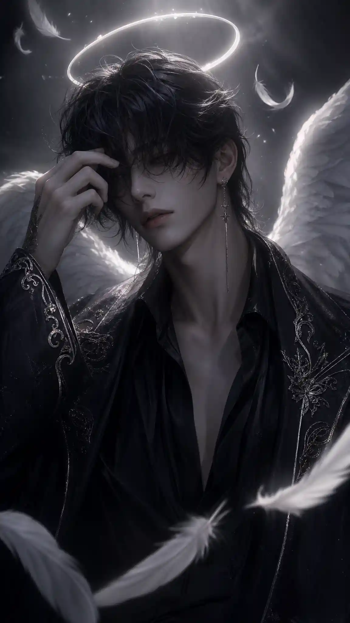Androgynous angelic man lifting his dark hair gently