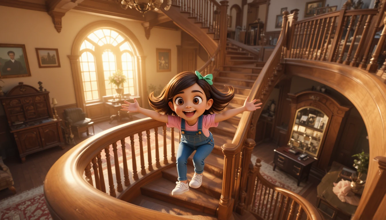 Joyful little girl sliding down a wooden staircase