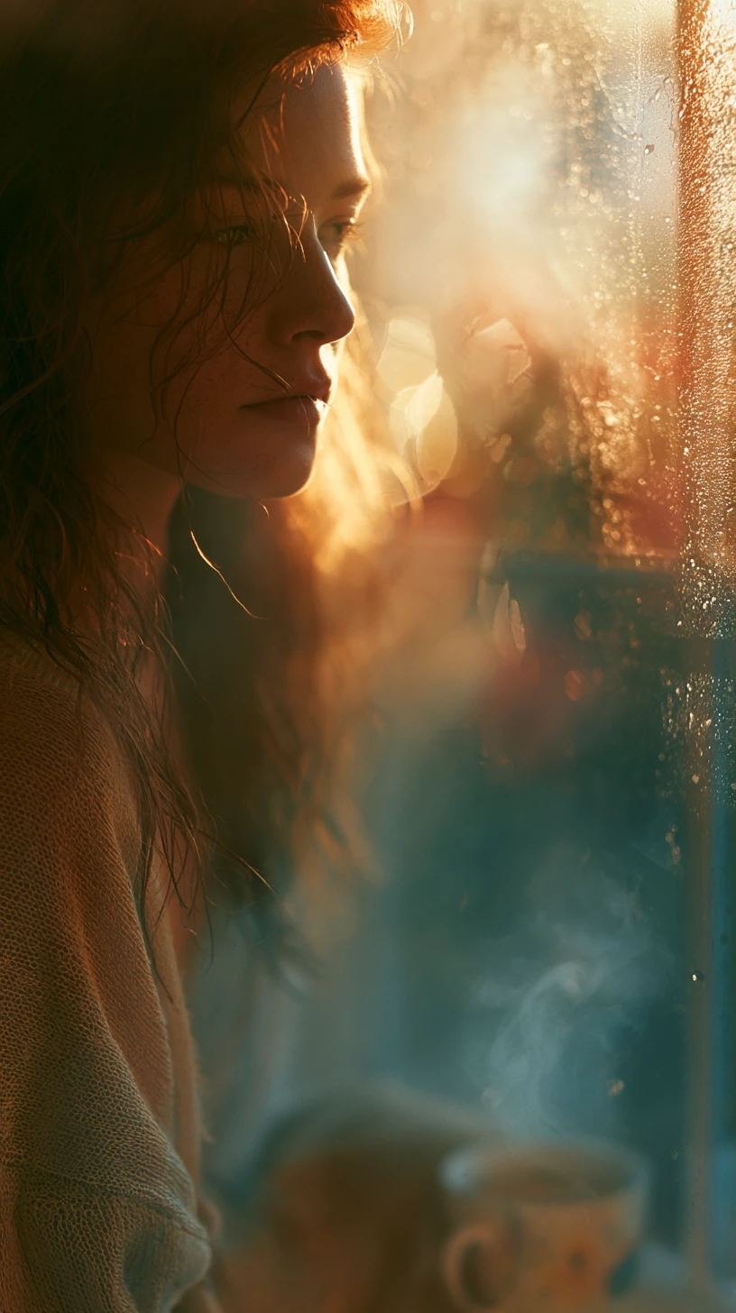 Girl by a rainy window with steaming cup at dusk