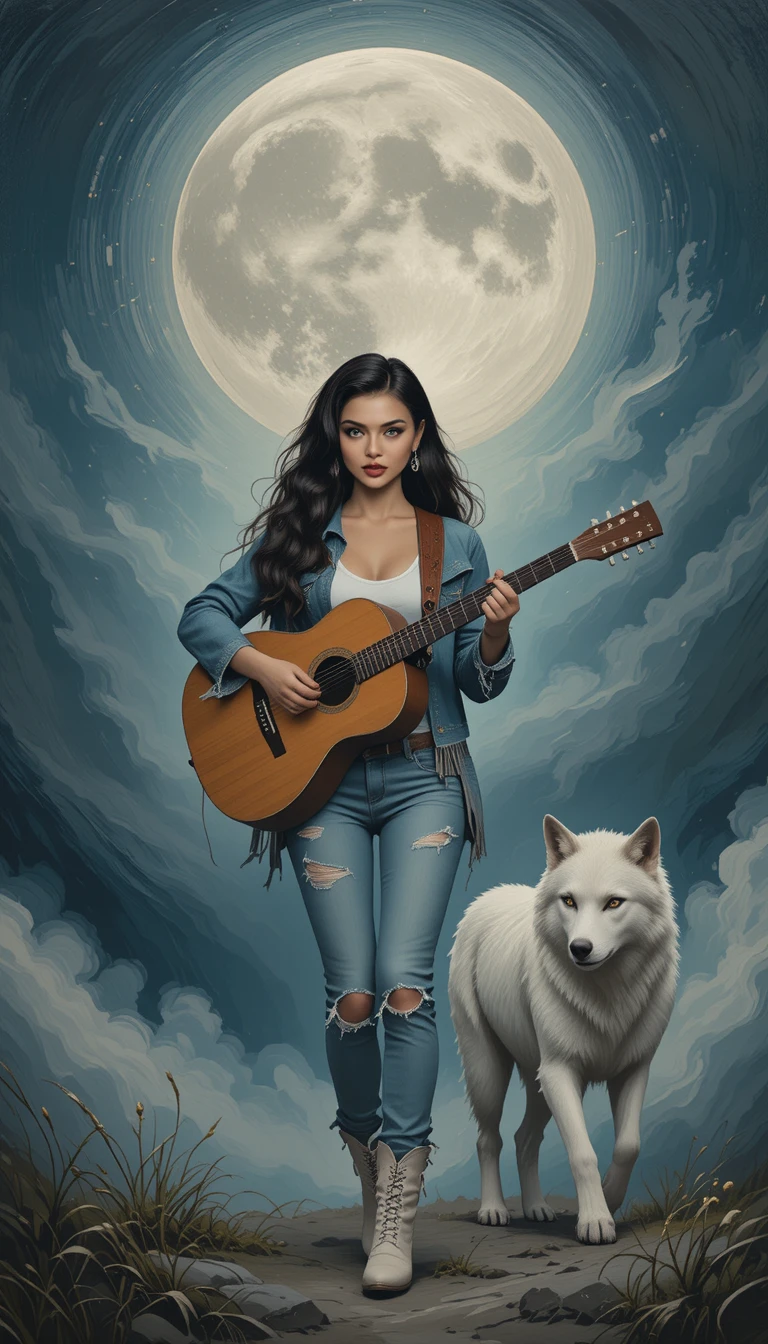 Young woman playing guitar beside a white wolf