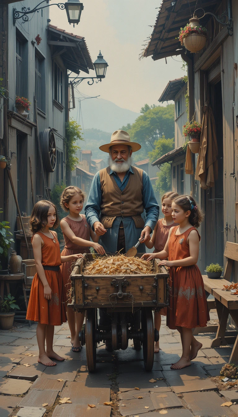 Children helping an old carpenter build a wooden cart