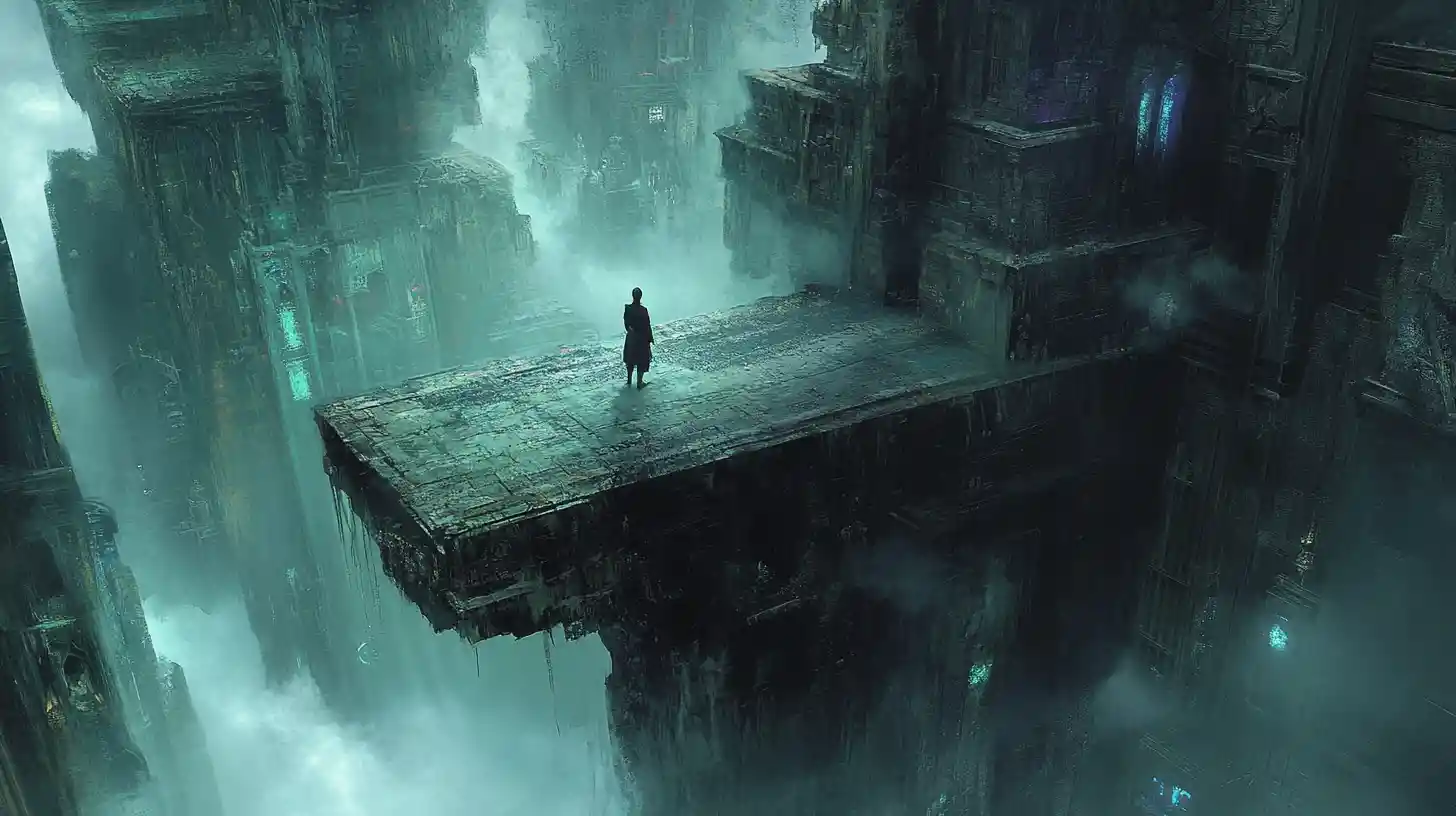 Lone figure on balcony above vast gothic industrial city