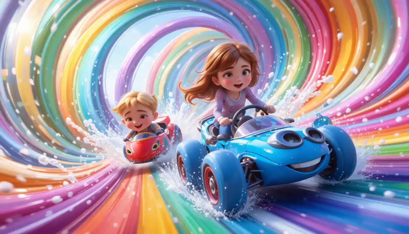 Playful characters racing through swirling rainbow bubbles