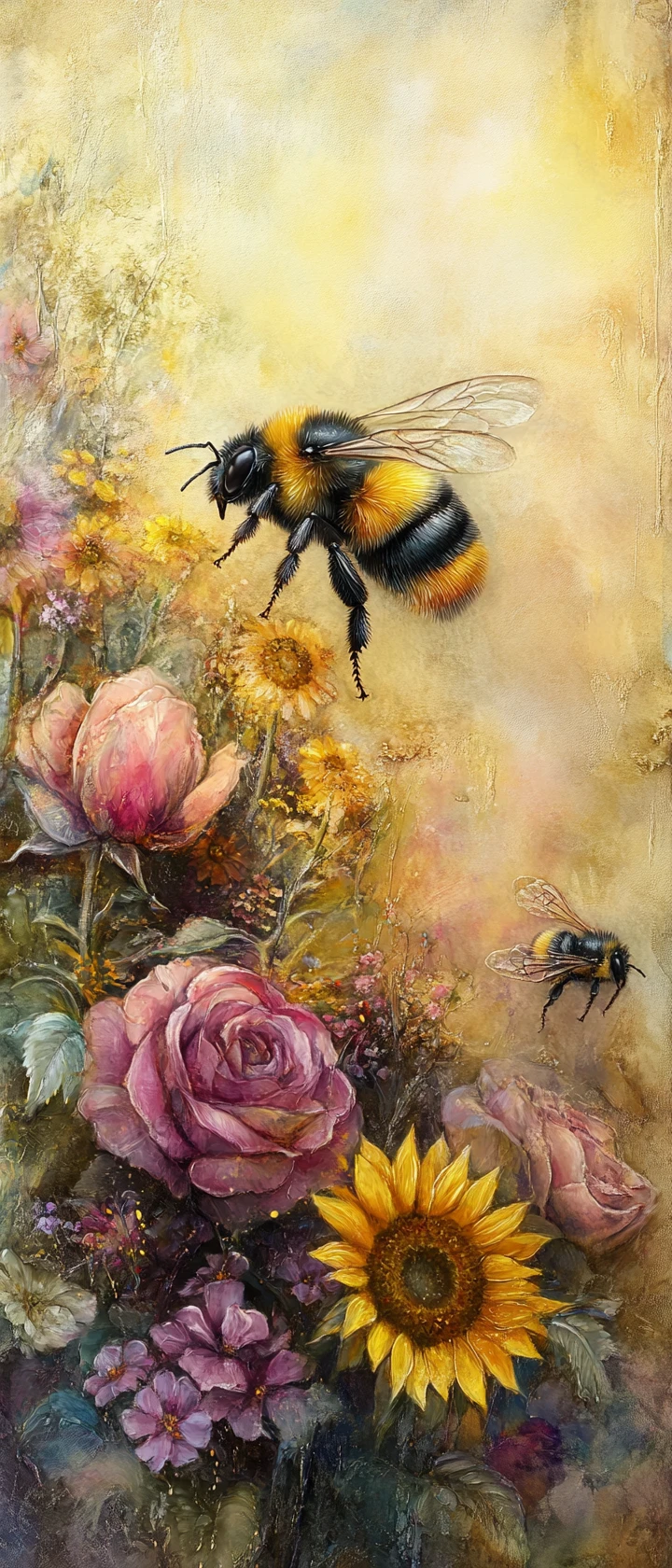 Tiny bumblebee wandering through a giant romantic flower garden