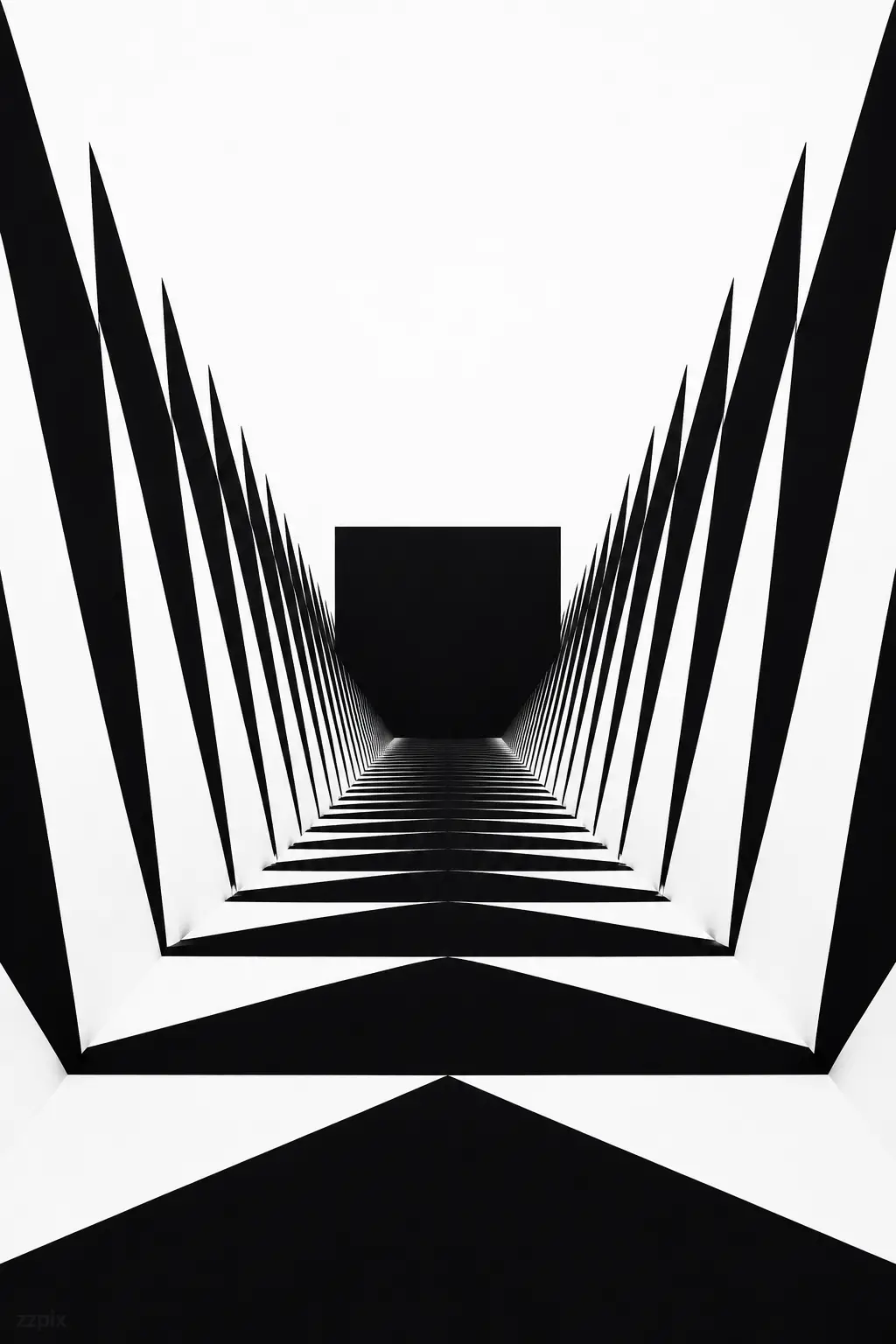 Abstract geometric tunnel of black triangles and void