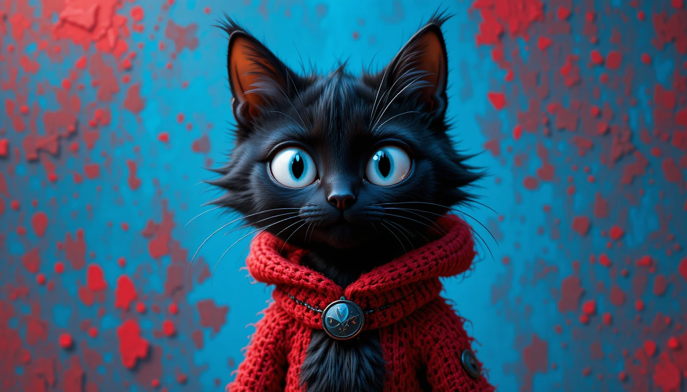Black cat with wide white eyes on blue illustrated background