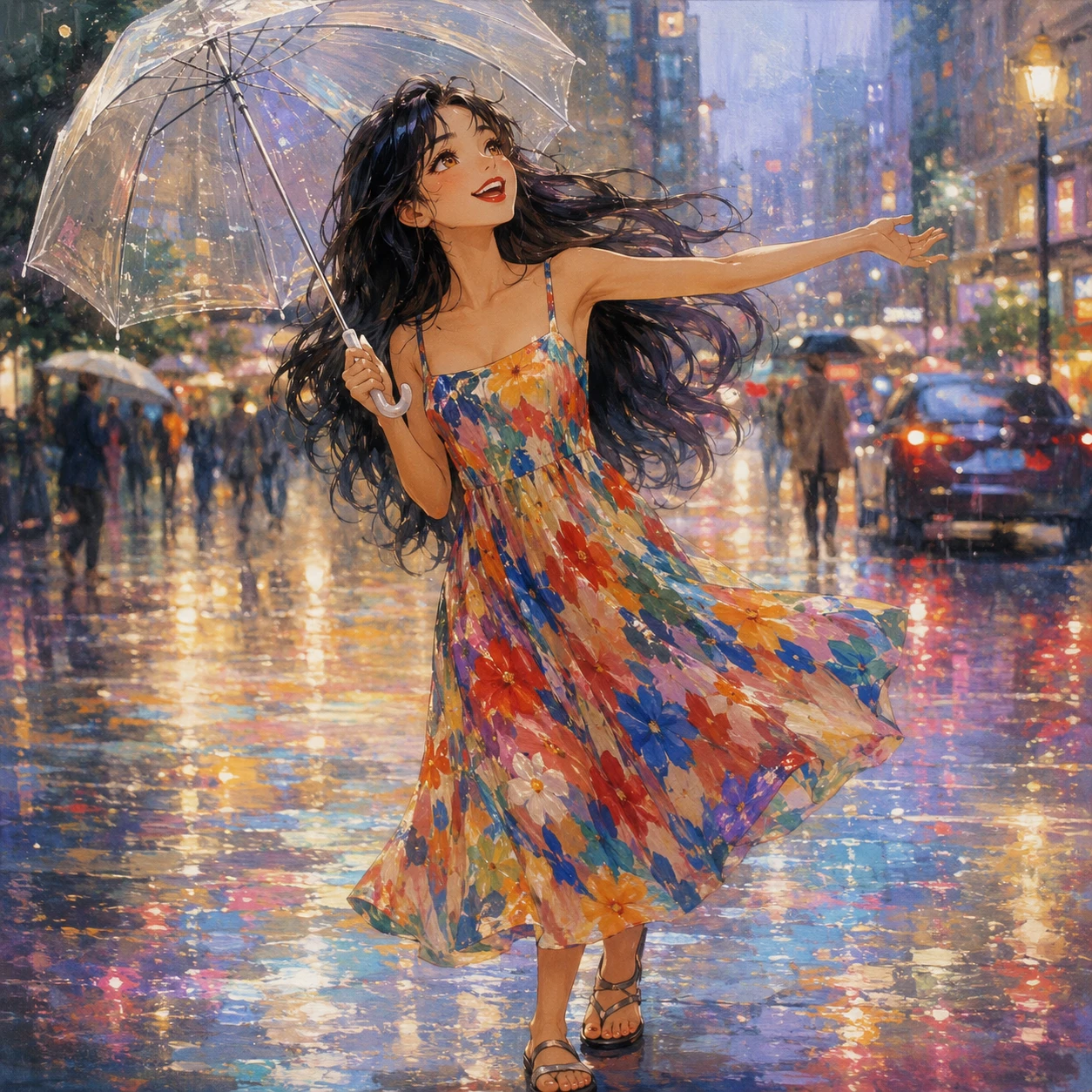 Joyful girl dancing with umbrella on rainy city street